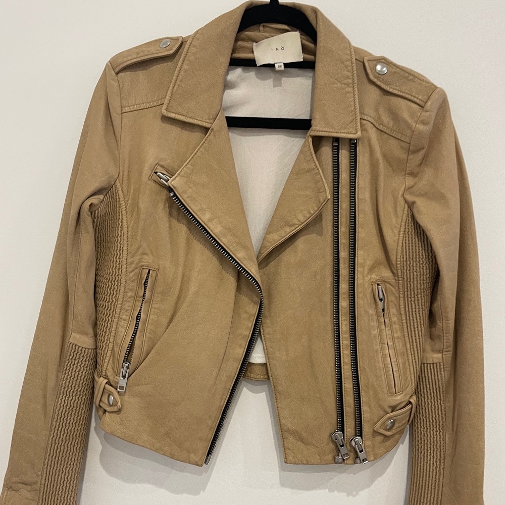 Iro cropped tan leather biker jacket